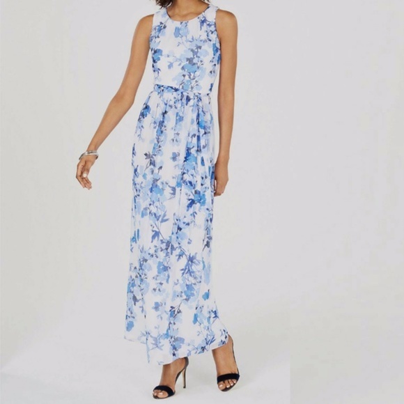 Jessica Howard Women's Blue Waist-Tie Floral Petit - Picture 1 of 3